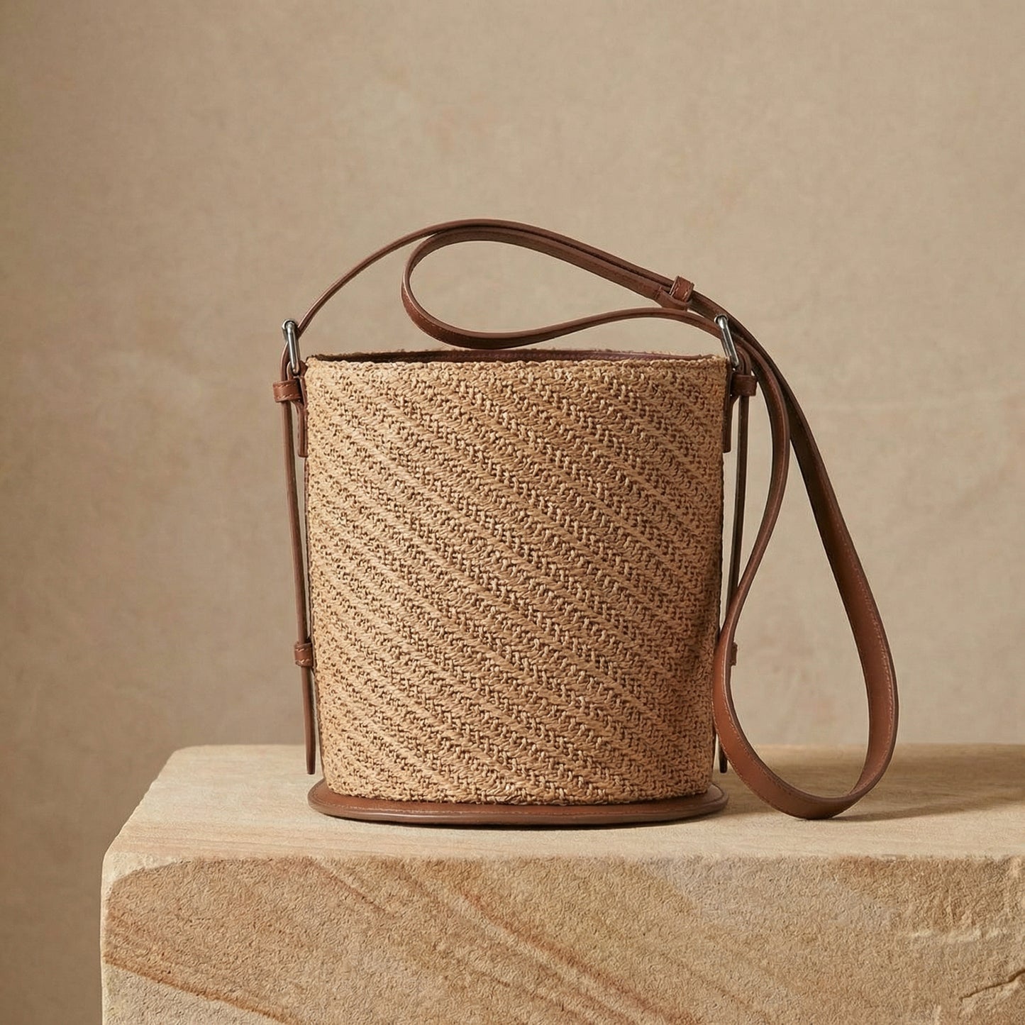 Woven handbag with leather strap on a wooden surface and beige background