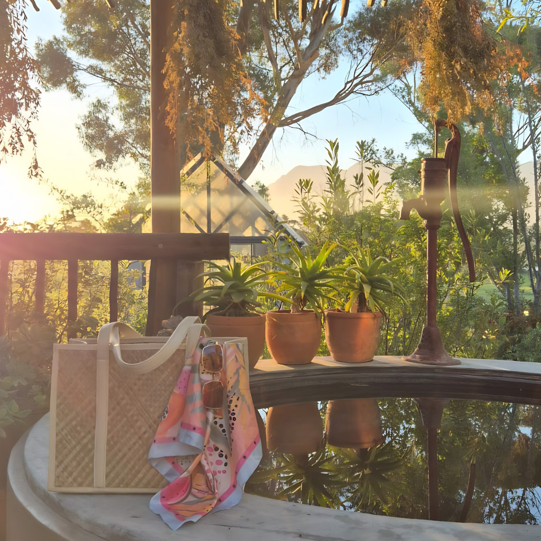 Woven bag and colorful scarf on a table with potted plants and a scenic background