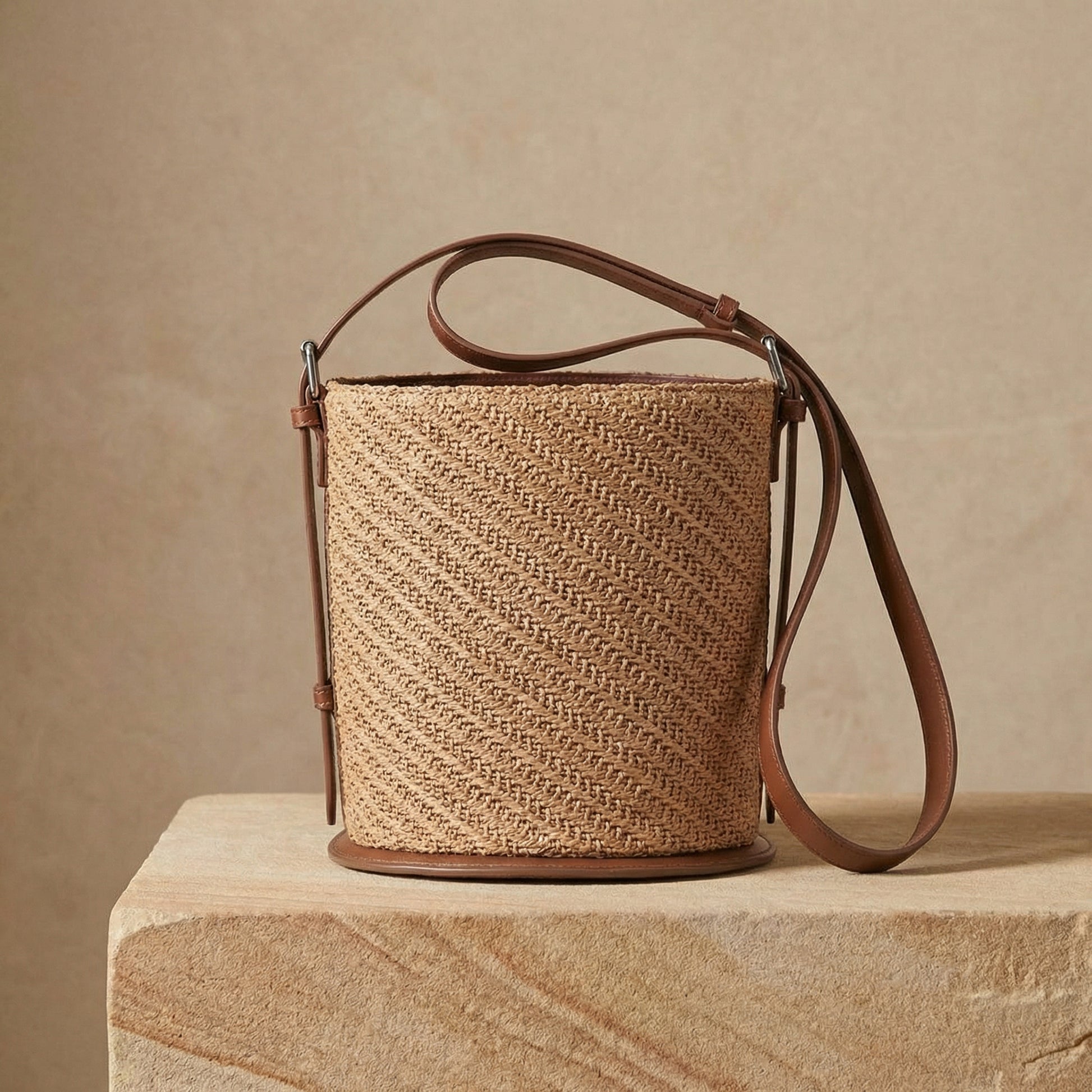 Woven handbag with leather strap on a wooden surface and beige background